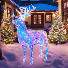3.2ft Prismatic Iridescent Christmas Lighted Deer Decoration, Large Xmas Lighted Reindeer Holiday Decor for Outdoor Lawn Garden Patio Yard Indoor