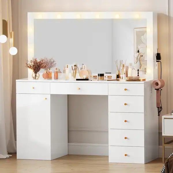 56'' Makeup Vanity with Mirror and Lights Vanity Desk with Power Outlet 7 Drawers - 56.2"Lx15.1"Wx61.2"H - White (Box 1 of 2 ONLY)