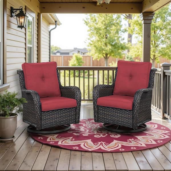 Opohoro ArcoBay Metal and Brown Wicker Outdoor Rocking Chair Patio Swivel Chairs with Olefin Red Cushions (2-Pack)