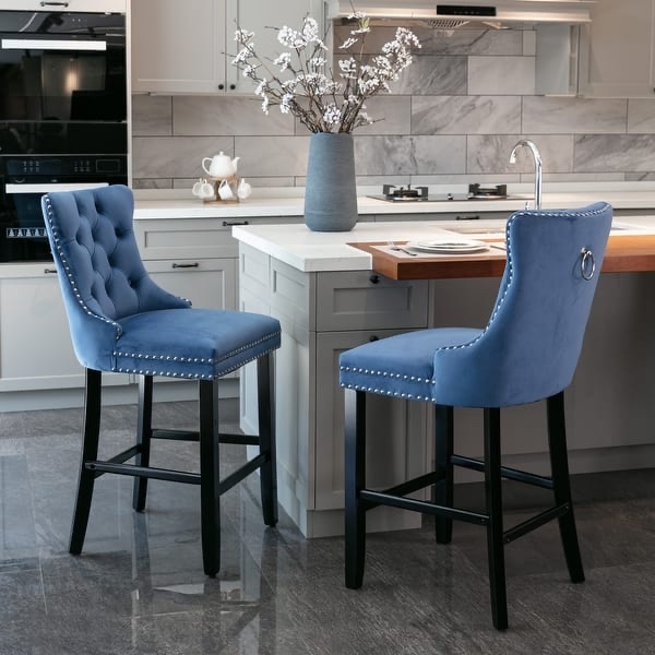 Contemporary Velvet Upholstered Barstools with Button Tufted Decoration and Wooden Legs, and Chrome Nailhead Trim