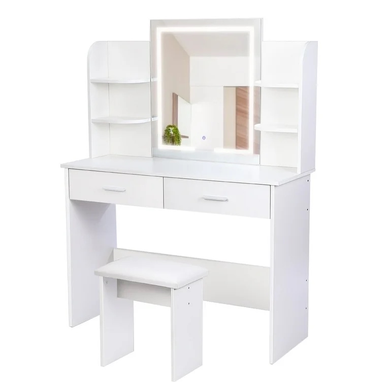 RichYa Modern Makeup Vanity Set with Lighted Mirror and Drawers,White Makeup Desk,Dressing Table for Girls