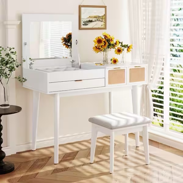 3-Drawers 43.3 in. White Wood Makeup Vanity Set Vanity Dressing Table with Flip Top Mirror and Stool