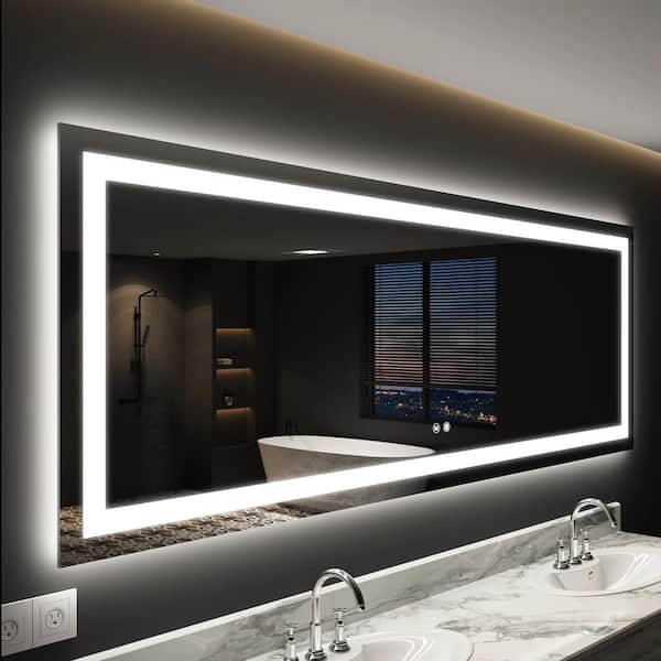 55 in. W x 36 in. H Large Rectangular Frameless Front and Backlit Dimmable Bathroom Vanity Mirror in Shatterproof Glass