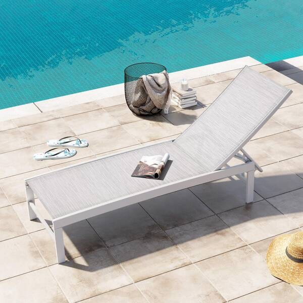 White Gray Textilence Aluminum Adjustable Outdoor Chaise Lounge