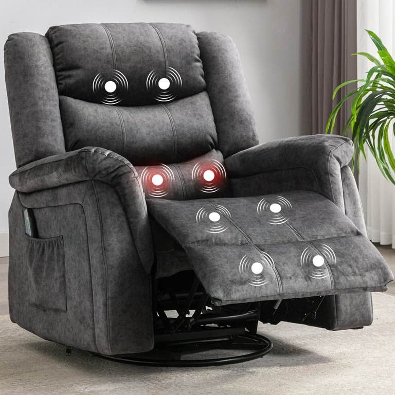 COMHOMA Recliner Chair with Heat and Massage 360 Degree Swivel Rocking Recliner, Gray