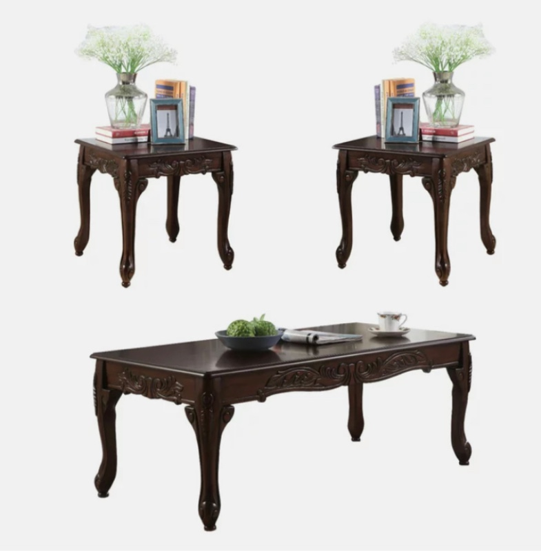 Roundhill Furniture Traditional Scrolled 3 Piece Coffee Table Set - Dark Cherry
