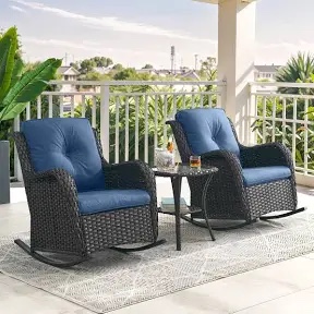 Bonia Outdoor Patio Wicker Rocking Chair Set with Side Table- SIDE TABLE, PILLOWS MISSING