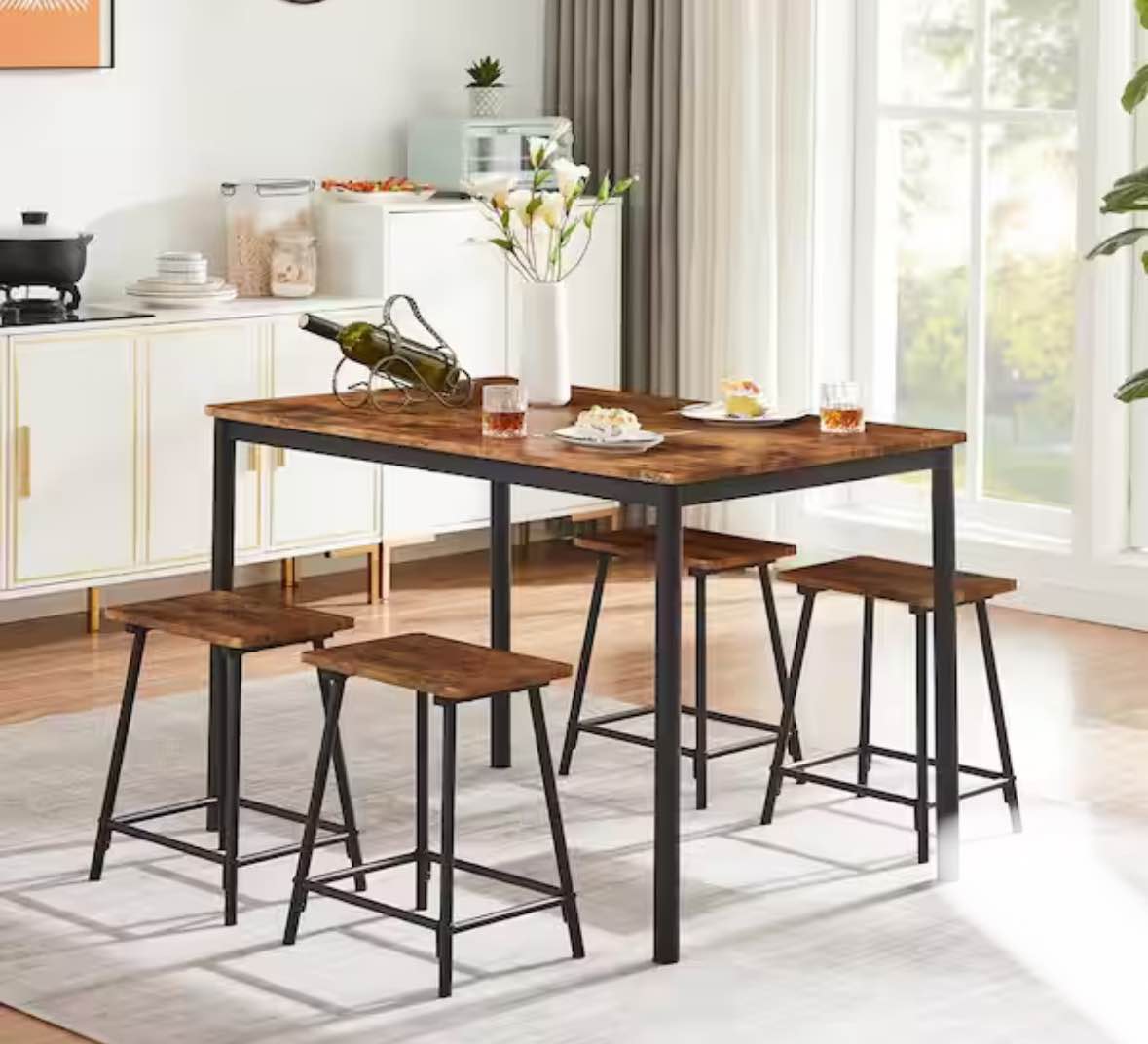 5-Piece Dining Table Set for 4-6 Persons Rectangular Bar Dinette Metal and Wood Kitchen Furniture with 4-Stools, Brown