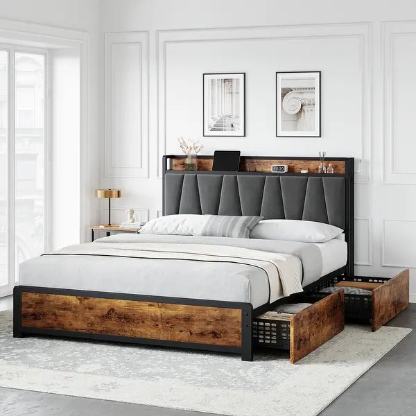 Bed Frame with Storage Linen Upholstered Headboard 4 Drawers - Full