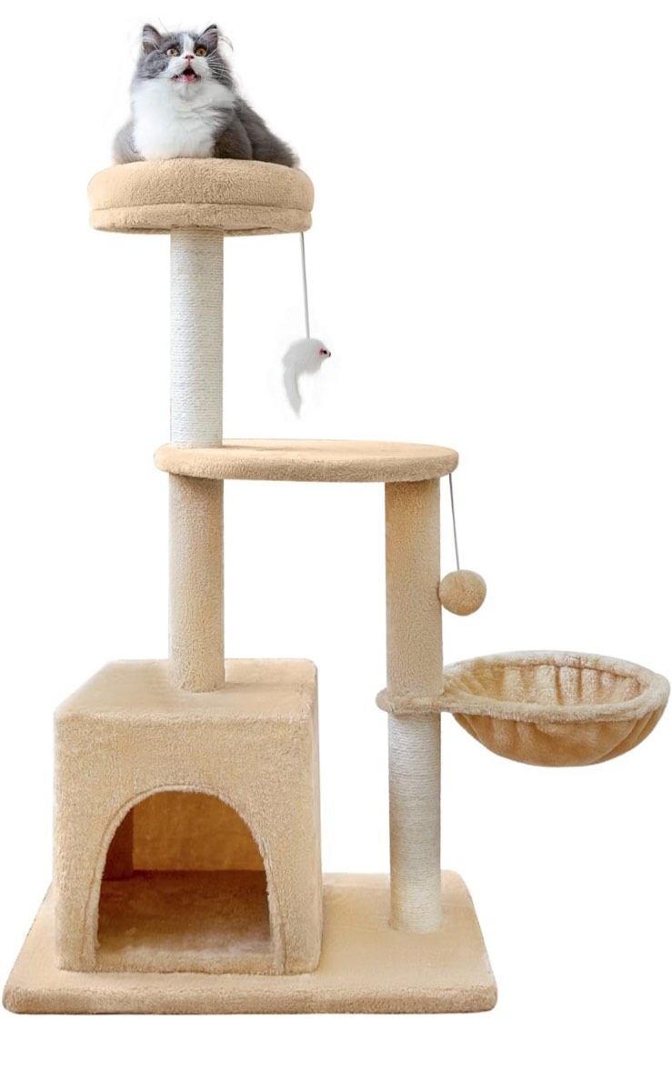 MeowHomm 40 Inches Cat Tree Cat Tower with Sisal Covered Scratching Post, Spacious Perch, Cozy Condo, Plush Perches and Fluffy Balls for Indoor Cats