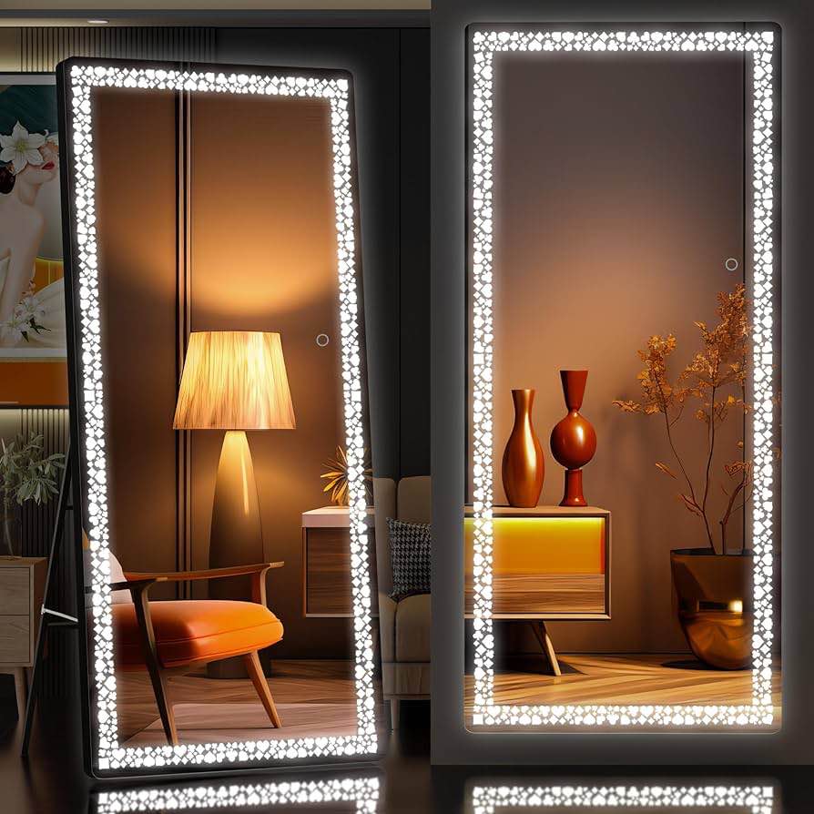 Hasipu 62" x 21" Full Length Mirror with LED Lights, Full Body Mirror with Triangle Pattern Light, LED Free Standing Floor Mirror, Wall Mounted Mirror Dimming & 3 Color Modes (White)