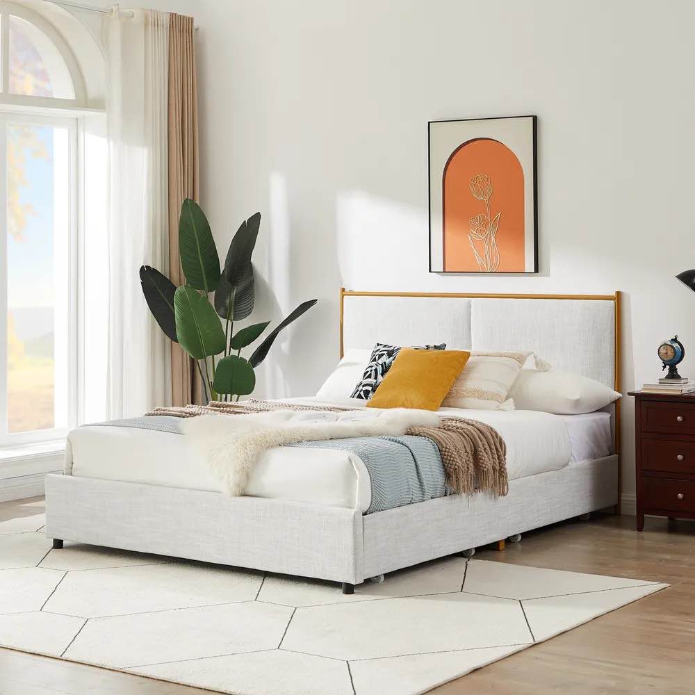 Classic Steamed Bread Shaped Backrest Bed with Storage Drawers - Light Gray, Full Size