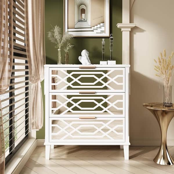 3-Drawers White Wood Mirrored Paint Nightstands Bedside Table with Mirror Finish (28.5 in. H x 11.8 in. D x 26 in. W)