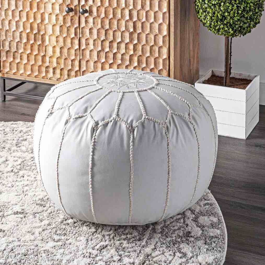 Nuloom Faux Leather Jane Moroccan Ottoman, Ivory Clean Pillows & Throws