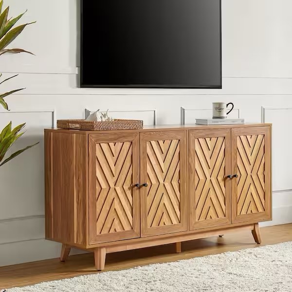 Pepito 57 in. Wide Mid-century Chevron-patterned Sideboard with Adjustable Shelves -WALNUT
