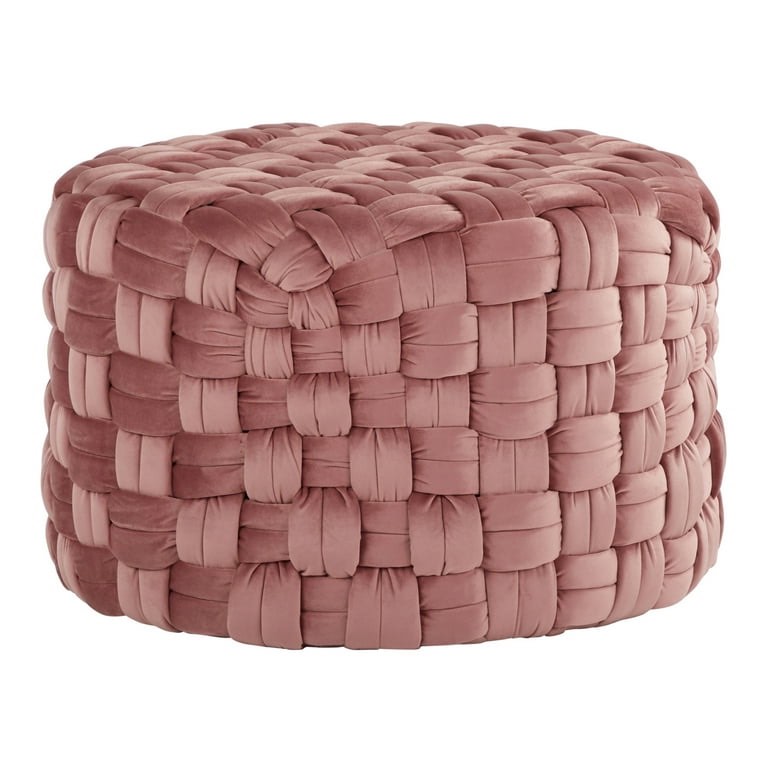 JAMPOOCA 24" Round Ottoman Pouf, Braided Ottoman Pouf, Modern Velvet Footrest Stool for Living Room, Bedroom, Entryway, Pink