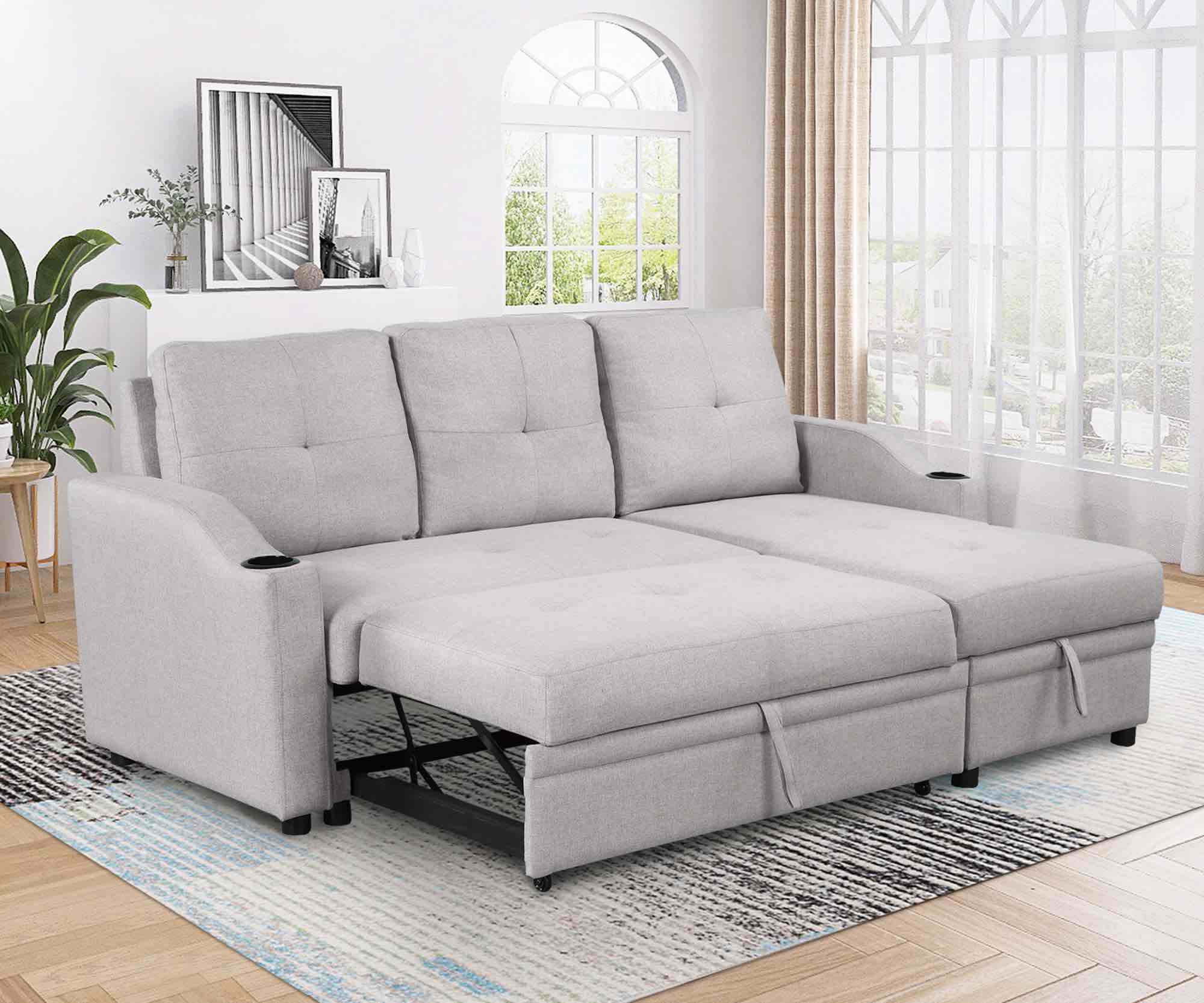 80.3 inch Orisfur. Pull Out Sofa Bed Modern Padded Upholstered Sofa Bed , Linen Fabric 3 Seater Couch with Storage Chaise and Cup Holder , Small Couch for Small Spaces WF292585AAE (Box 1 of 3 Only)
