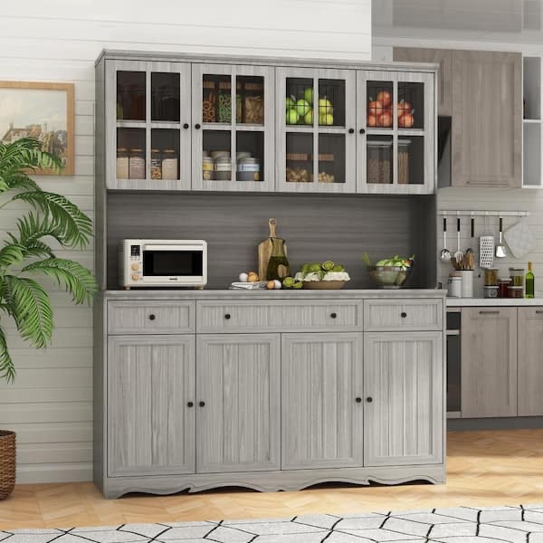 Gray Painted Wood 61.2 inch W Food Pantry Cabinet With Drawers and Adjustable Shelves, Glass Doors, Hutch (Box 2 of 2 Cabinet Only)