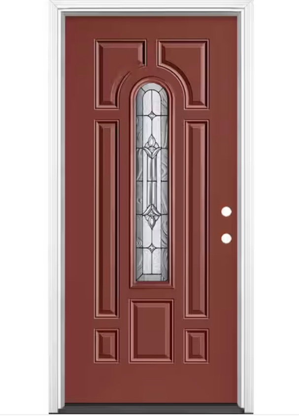 36 x 80" Masonite red wood edge steel door with vinyl frame with black hinges 4 panels 1 window 