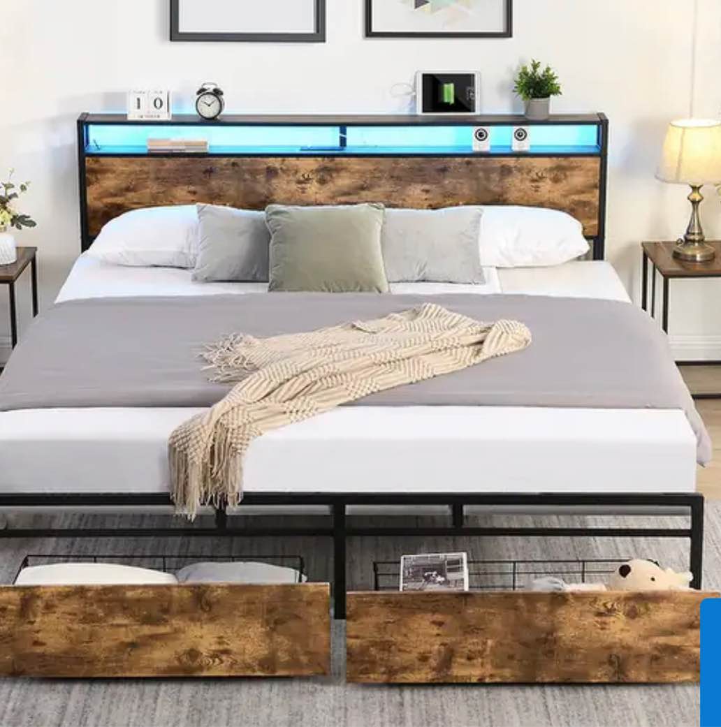 Queen Bed Frame, Storage Headboard with Charging Station, Solid and Stable, Noise Free, No Box Spring Needed, Easy Assembly Antique brown + Metal & Wood + Bedroom + Queen + Bed Frame + Metal W2129127801