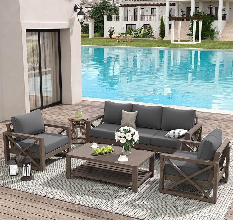 Amopatio Aluminum Patio Furniture Set, 6 Pieces Modern Metal Outdoor Furniture Sets, Faux Wood Grain Finish Frame Patio Sofa- TABLE NEEDS CLEANED 