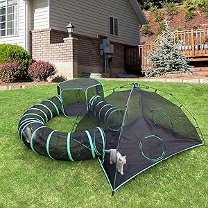 Pawtenda 3-in-1 Outdoor Cat Enclosures, Portable Catio Green Cat Tents for Outside, Cat Tents with 1 Dome Tent,1 Straight Tunnel and 1 Cube, Outdoor Cat Playpen for Cats, Rabbits and Other Animals