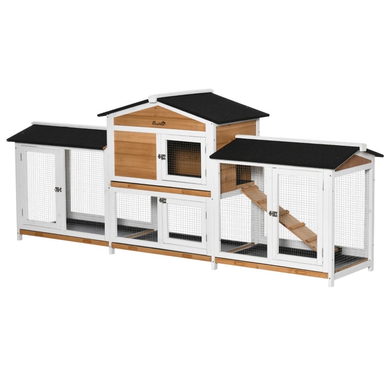 PawHut 90.5" Wooden Rabbit Hutch Bunny Cage Pet Playpen House Enclosure with Double Side Run Boxes, No Leak Tray, Ramp, for Guinea Pig and Small Animals, White 