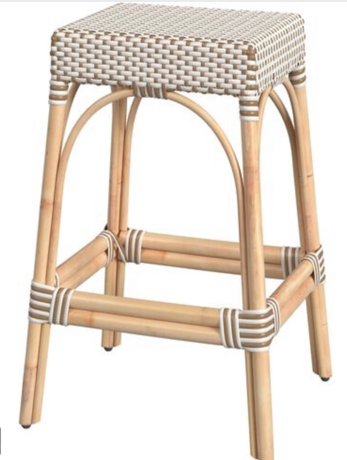 Robias Rectangular Rattan 30" Bar Stool in White and Tan Dot