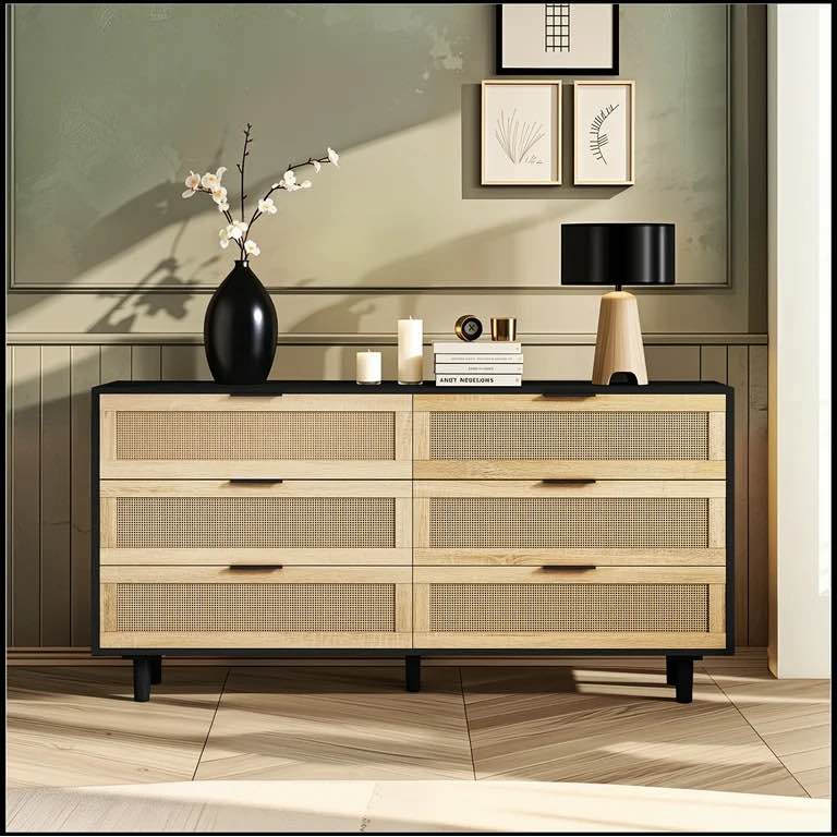59.06"6-Drawers Rattan Storage Cabinet Rattan Drawer,for Bedroom,Living Room, Black (Same SKU:W757132849)