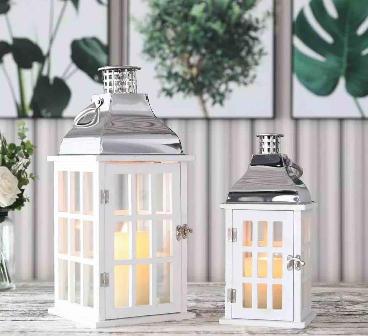 White Wood Decorative Candle Lanterns 18"&12" High Wood Lanterns