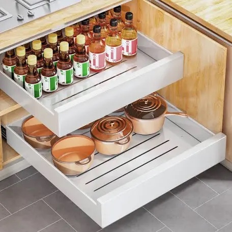 Pull out Cabinet Organizer, 21"Deep, Slide out Drawers for Kitchen Cabinets, Under Sink Pull-Out Home Organizers with Adhesive Nano Film Fixed, Sliding Cabinet for Bathroom, Pantry Storage Shelf