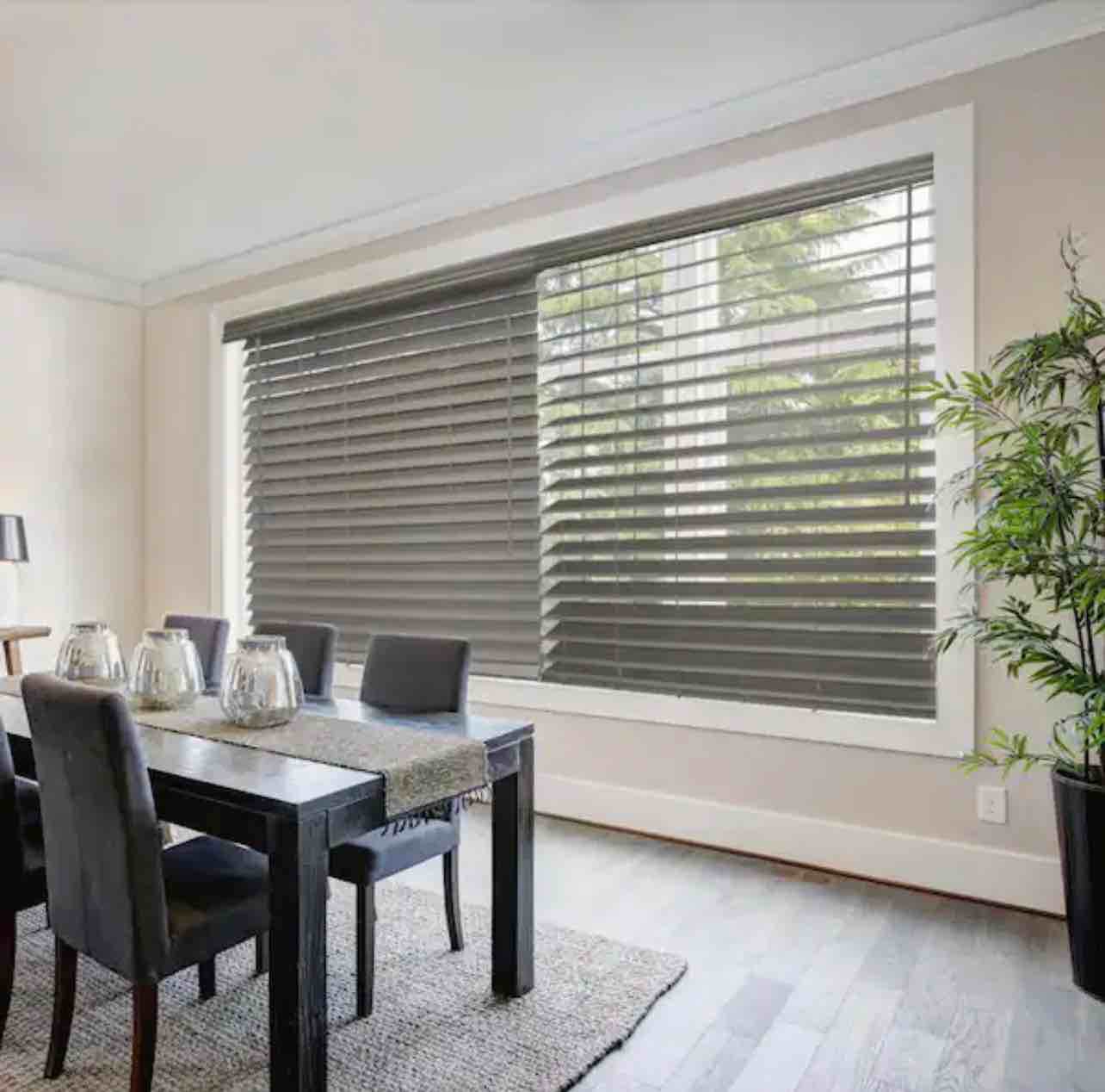 Driftwood Gray Cordless Premium Faux Wood blinds with 2.5 in Slats - 34 in W x 64 in L 