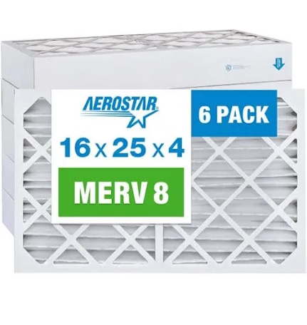 Aerostar 16x25x4 MERV 8 Pleated Air Filter, AC Furnace Air Filter, 6 Pack (Actual Size: 15 1/2"x24 1/2"x3 3/4")