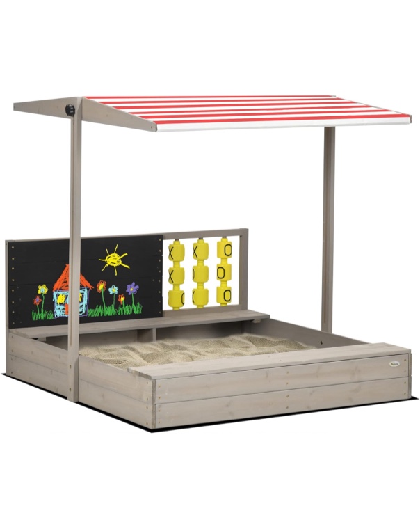 Outsunny Kids Sandbox with Canopy, Bench Seats Wooden Sand Pit, Backyard Toy with Chalkboard, Tic Tac Toe Game, Gift for Girls and Boys, Ages 3-7