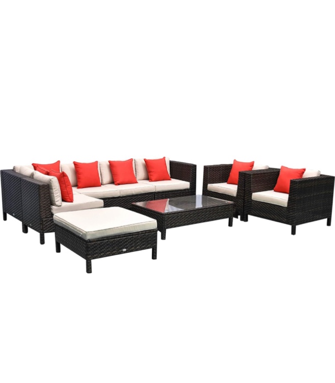 Outsunny Patio Furniture Set, 9 Piece Outdoor Sectional Sofa, All-Weather PE Rattan Wicker Conversation Set with Chairs, Ottoman, Loveseat, Coffee and Side Table, Cushions, Sand
