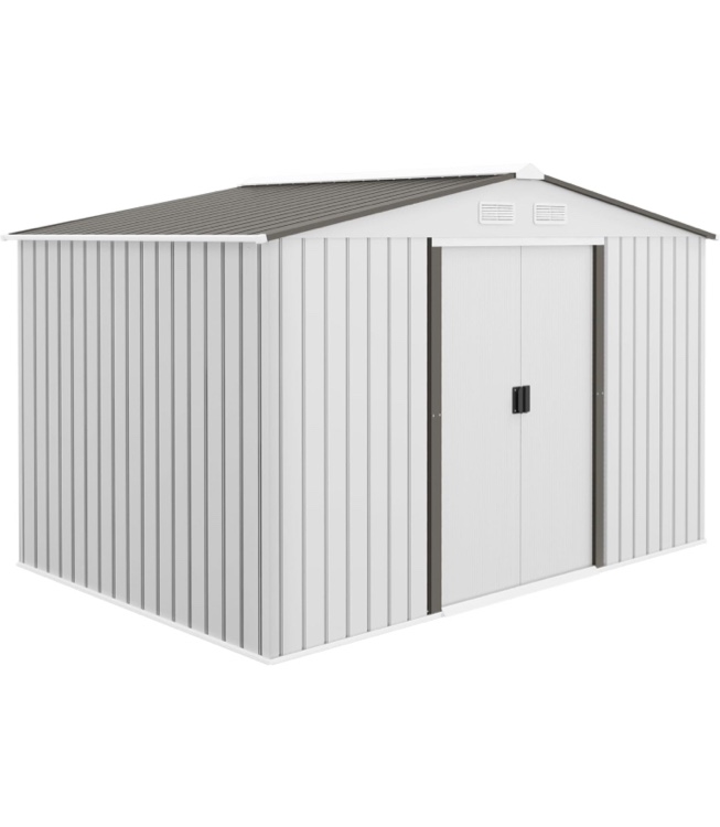 Outsunny 9' x 6' Outdoor Storage Shed, Garden Tool House with Foundation, 4 Vents and 2 Easy Sliding Doors for Backyard, Patio, Garage, Lawn, Silver