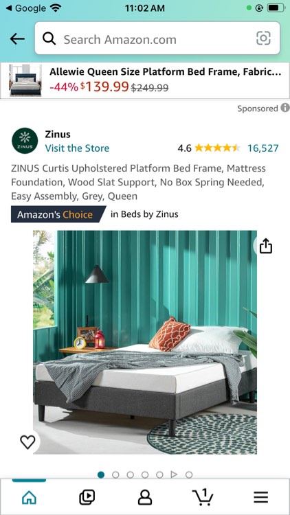 ZINUS Curtis Upholstered Platform Bed Frame, Mattress Foundation, Wood Slat Support, No Box Spring Needed, Easy Assembly, Grey, Queen