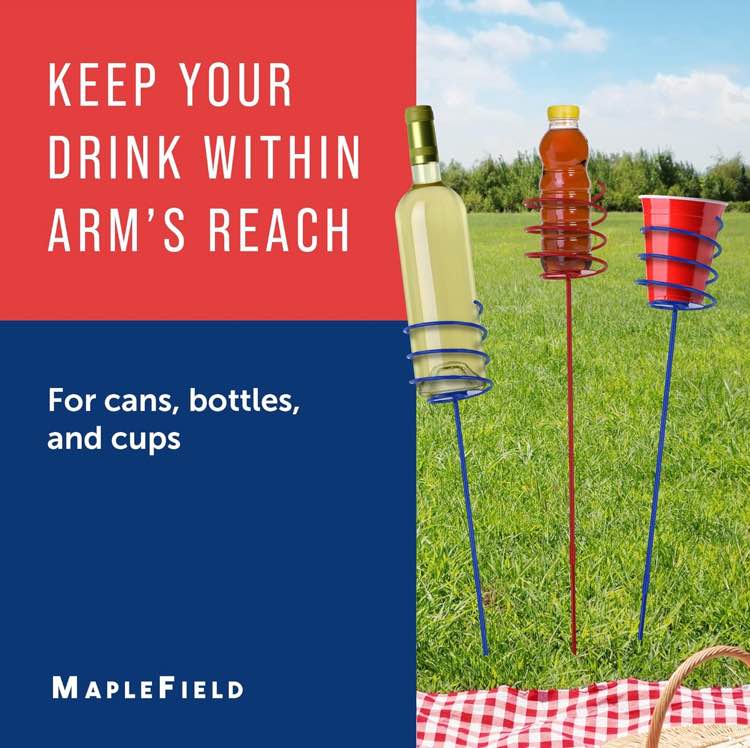Stick & Sip - Metal Lawn Stake Beverage Holders - Holds Cans, Bottles, and Cups - Great for Backyards, Beaches, Campsites, and More (USA, 6)