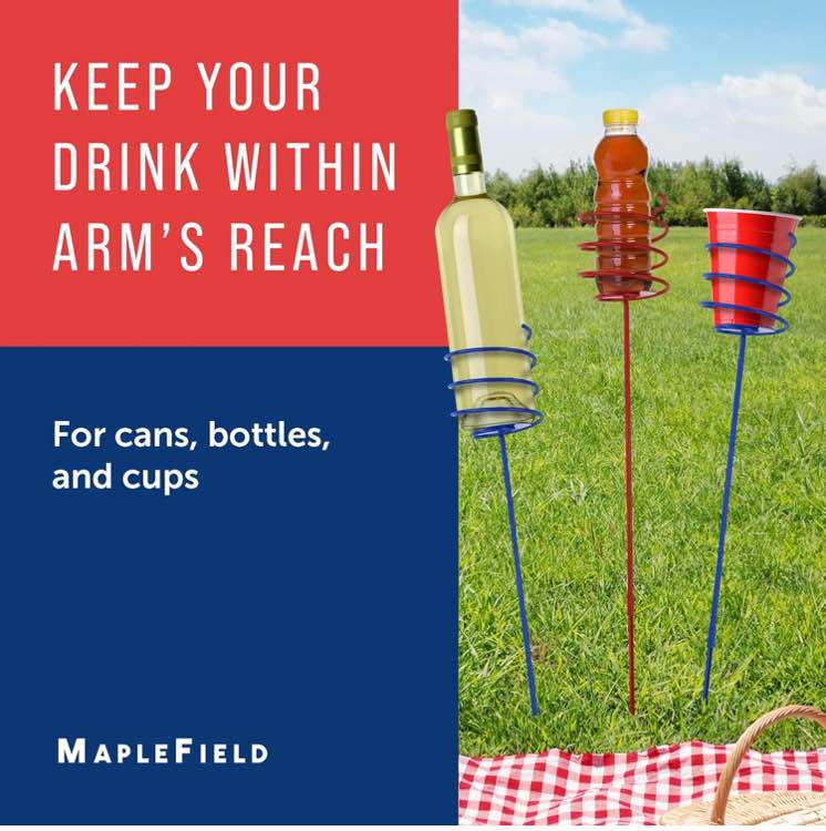 Stick & Sip - Metal Lawn Stake Beverage Holders - Holds Cans, Bottles, and Cups - Great for Backyards, Beaches, Campsites, and More (USA, 6)