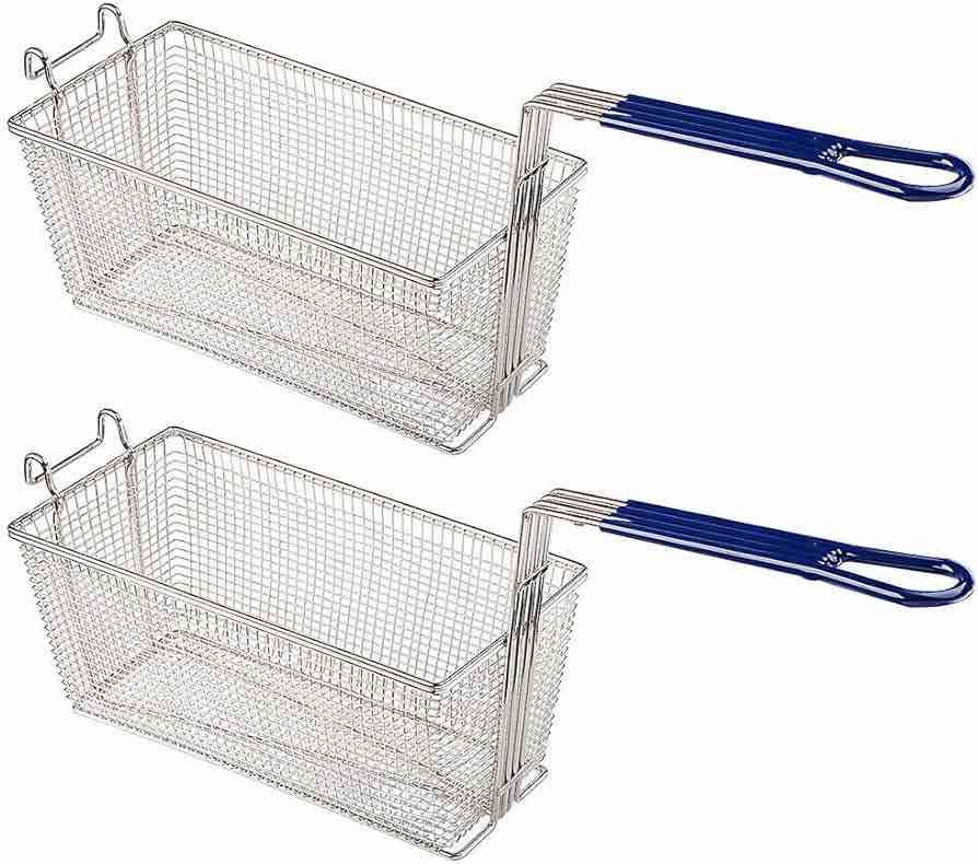 Cuisine Ready Deep Fryer Basket With Non-Slip Handle Front Hook (2 Pack), Heavy Duty Nickel Plated Iron Construction, 13 1/4" x 6 1/2" x 6" - Commercial Use