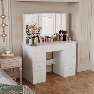 Bara 43.3" W 9 Drawers 3-Mirror Makeup Vanity With Lights
