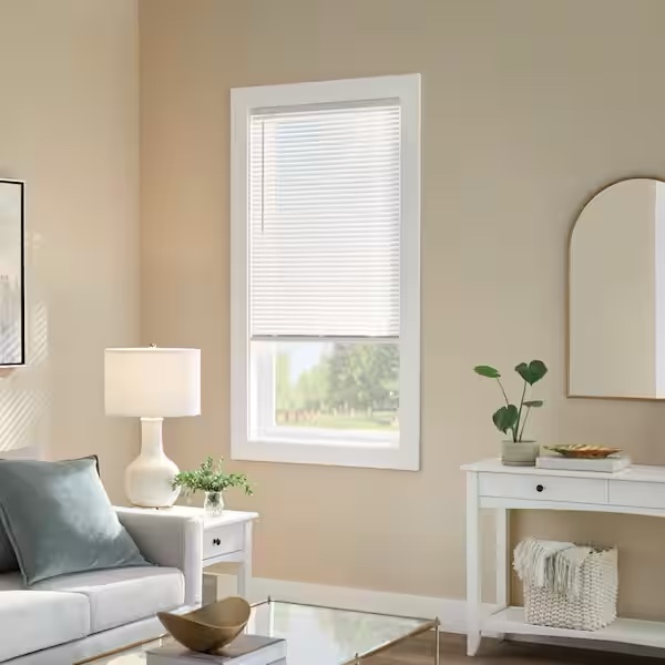 Pre-Cut 42 in. W x 72 in. L Cordless Light Filtering White Vinyl Mini Blind with 1 in. Slats