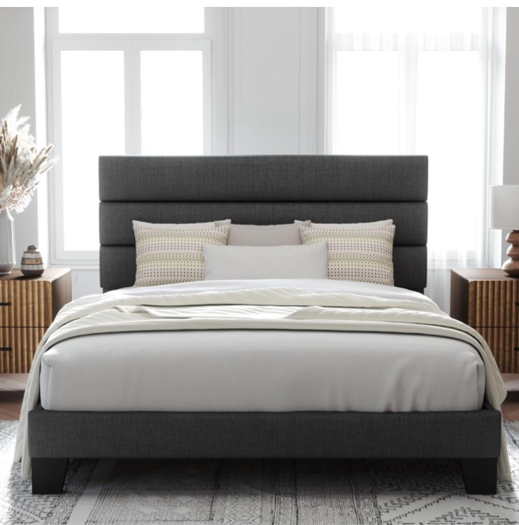 Allewie Queen Size Platform Bed Frame with Fabric Upholstered Headboard and Wooden Slats Support, Fully Upholstered Mattress Foundation/No Box Spring Needed/Easy Assembly, Dark Grey