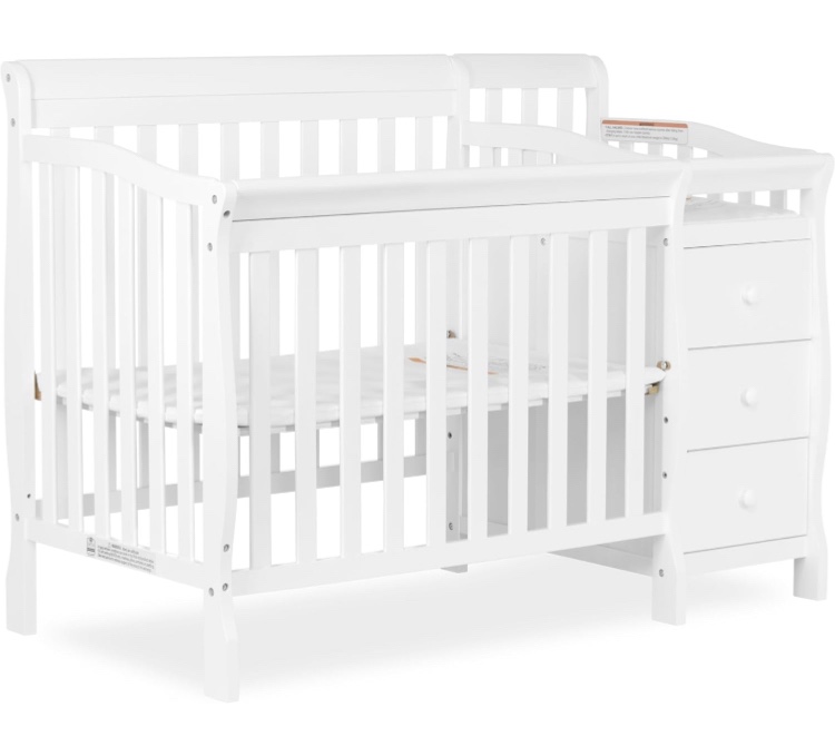 Dream On Me Jayden 4-in-1 Mini Convertible Crib And Changer in White, Greenguard Gold Certified, Non-Toxic Finish, New Zealand Pinewood, 1" Mattress Pad