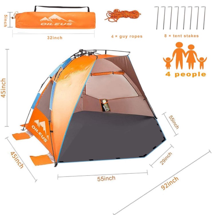 Oileus X-Large 4 Person Beach Tent Sun Shelter - Portable Sun Shade Instant Tent for Beach with Carrying Bag, Stakes, 6 Sand Pockets, Anti UV for Fishing Hiking Camping, Waterproof Windproof, Orange
