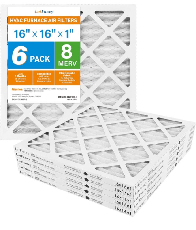LotFancy 16x16x1 Air Filters, 6 Pack, MERV 8 Pleated AC Furnace Filters, MPR 600, Air Conditioner HVAC Filter Replacement Box