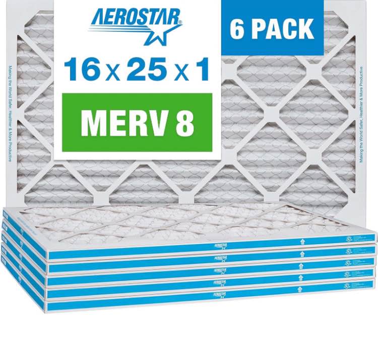 Aerostar 16x25x1 MERV 8 Pleated Air Filter, AC Furnace Air Filter, 6 Pack (Actual Size: 15 3/4"x 24 3/4" x 3/4"), White