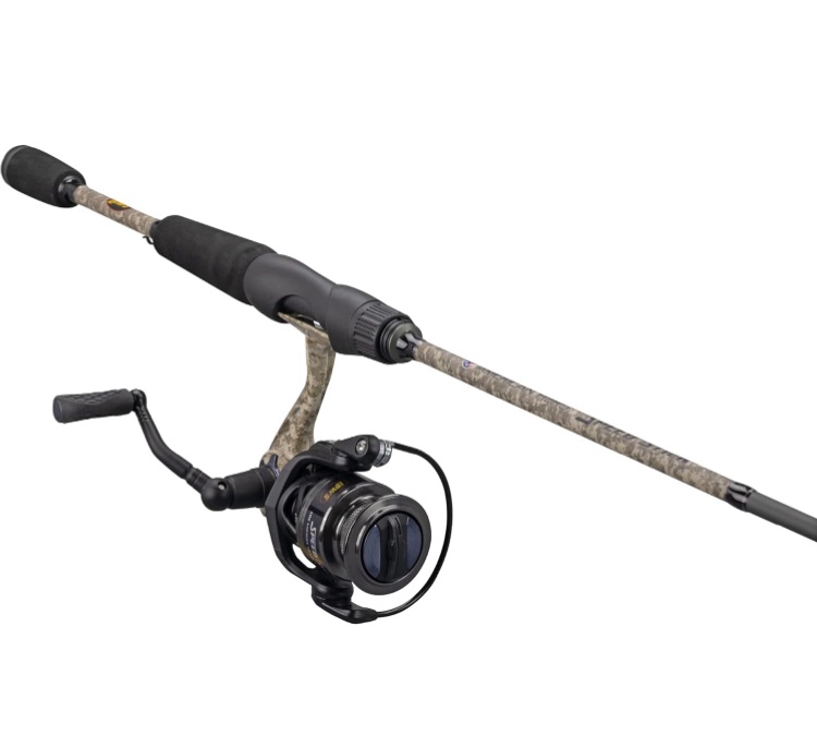 American Hero Camo Spinning Reel and Fishing Rod Combo, 2-Piece All-Purpose IM7 Graphite Rod Blank with Split Grip EVA Handle, 1-Piece Graphite Reel Frame, Right or Left-Hand Retrieve