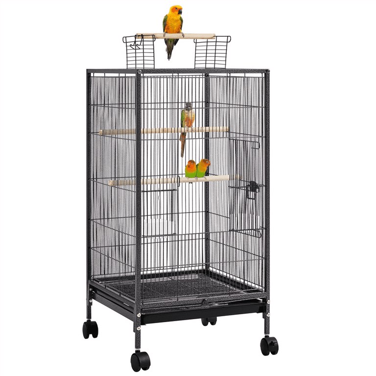 Alden Design 31? H Wrought Iron Bird Cage with Rolling Stand & Open-top for Parrot, Black