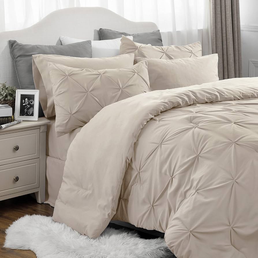 BEDSURE Beige Comforter Set Queen - Bed in a Bag Queen 8 Pieces, Pintuck Beddding Sets Beige Bed Set with Comforters, Sheets & Skirt, Pillowcases & Shams